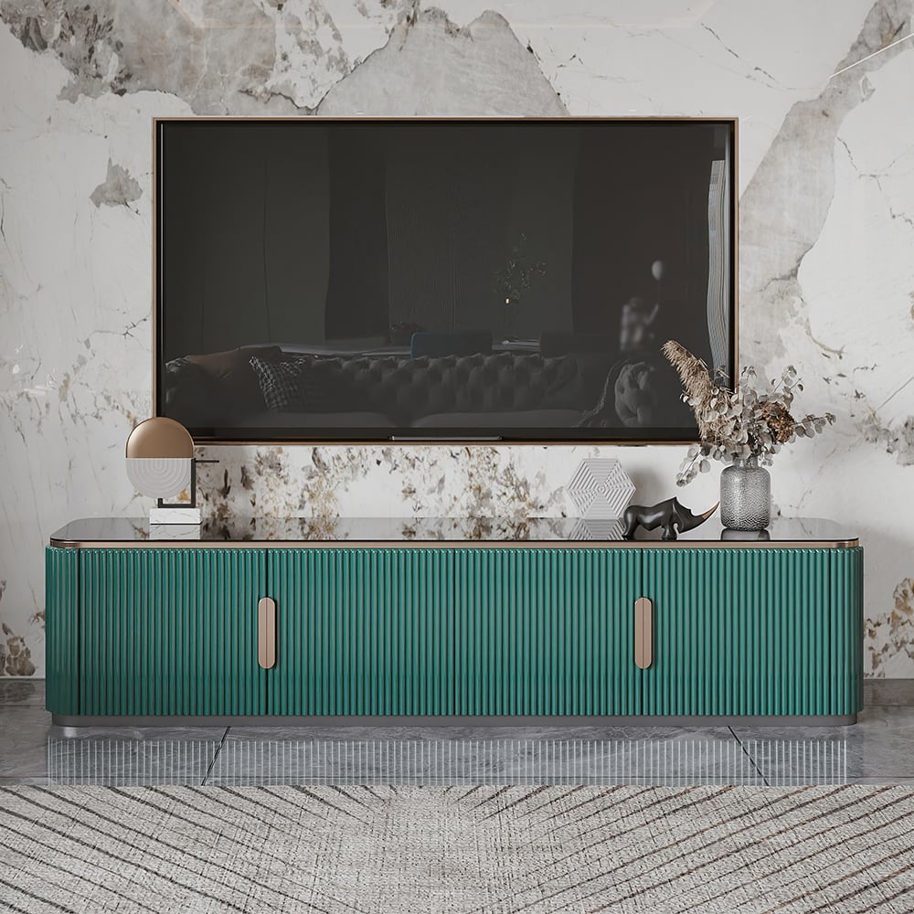 Console multimédia moderne avec dessus en pierre frittée verte de 86,6 po avec 4 portes image de fenêtre