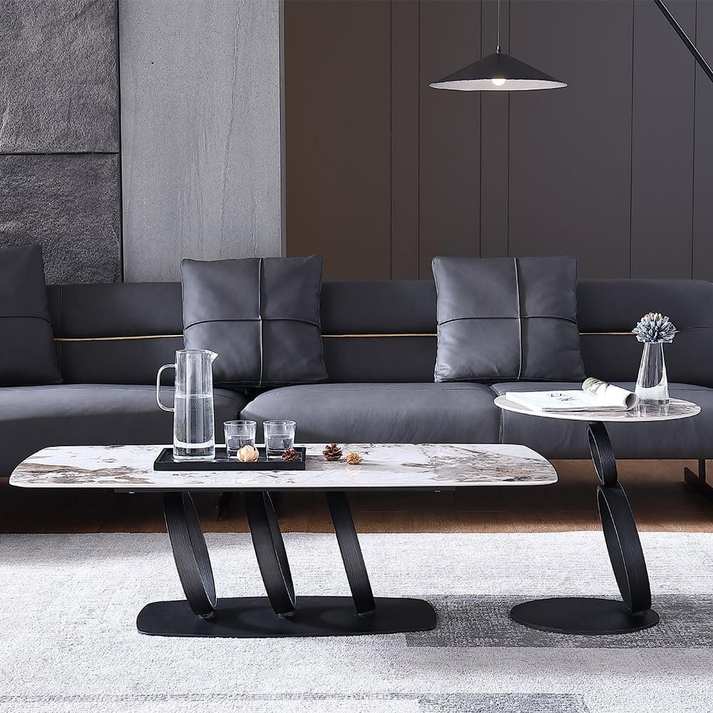 Table basse rectangulaire moderne Pandora et noire avec table d'appoint image de fenêtre