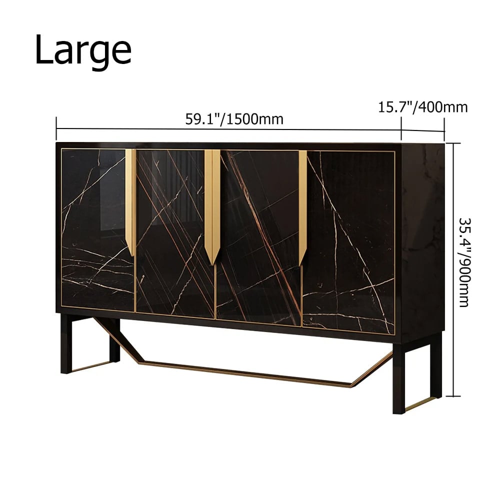 Aparador negro moderno de 1500 mm, parte superior de cristal templado con 4 puertas y 6 estantes en grande Imagen de ventana