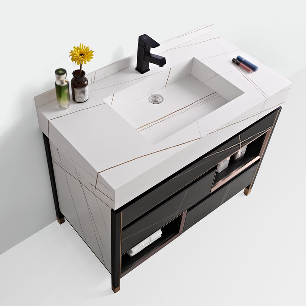 Tocador de baño independiente en blanco y negro de 39.4 «con encimera de piedra sinterizada y fregadero integral Imagen de ventana