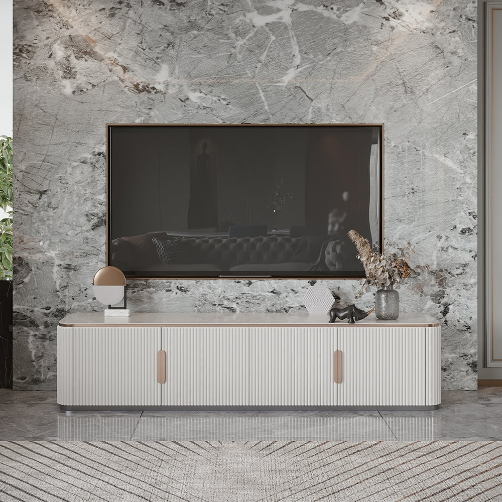 Console multimédia moderne avec dessus en pierre frittée blanche de 86,6 po avec 4 portes image de fenêtre