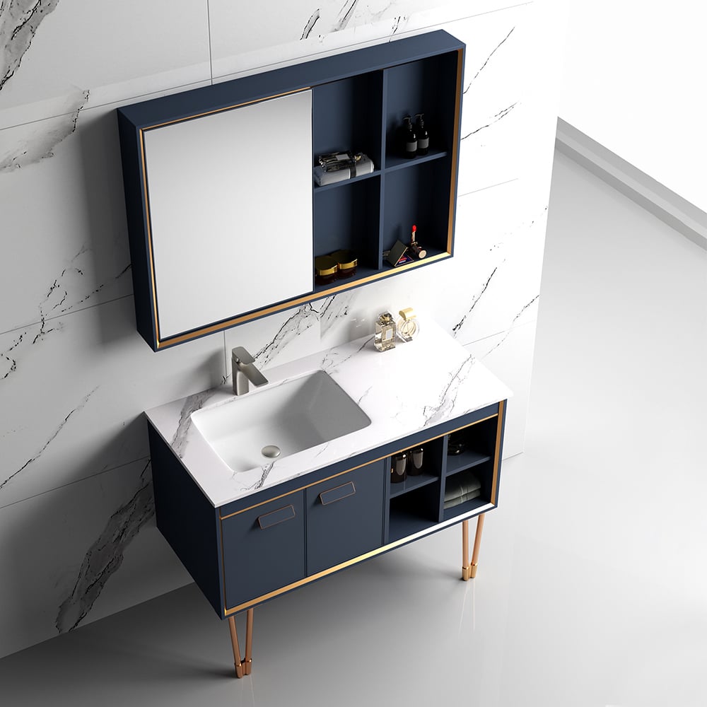 1000mm Blue Freestanding Bathroom Vanity Set Ceramic Basin with Medicine Cabinet window image