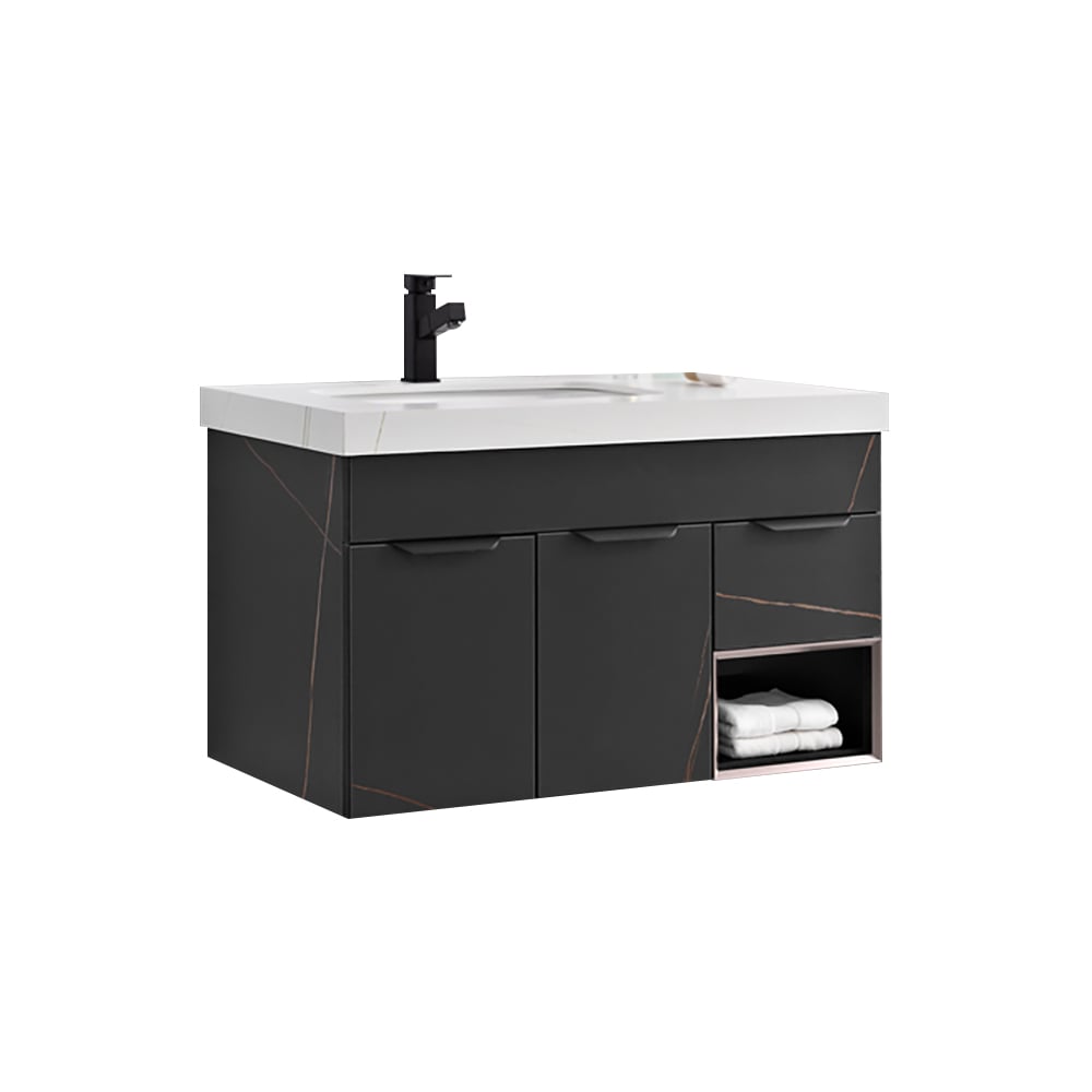 Vanité de salle de bain simple murale noire et blanche de 35,4 po évier en céramique avec dessus en pierre frittée image de fenêtre