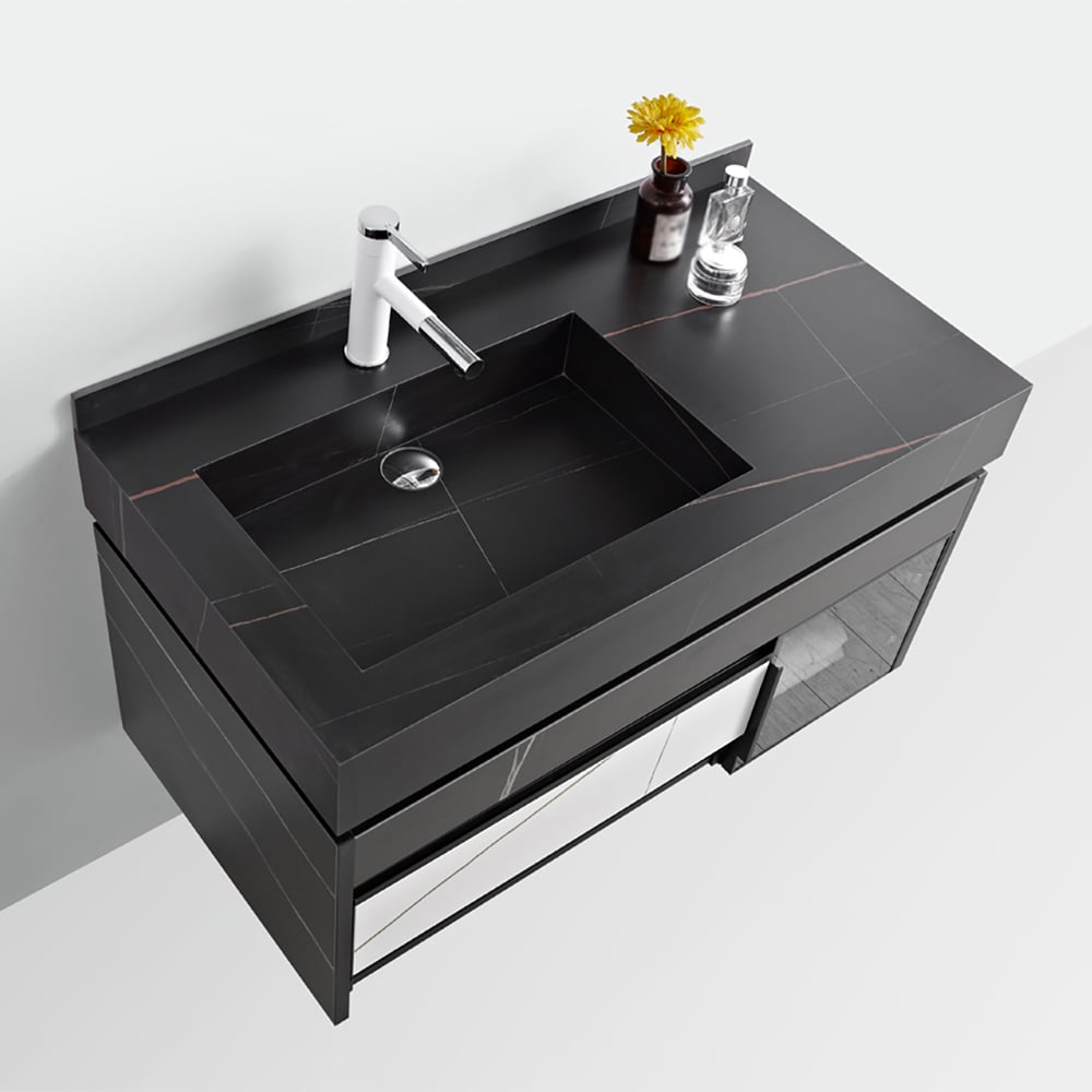39" Black & White Floating Bathroom Vanity Integral Single Sink with Drawer & Door