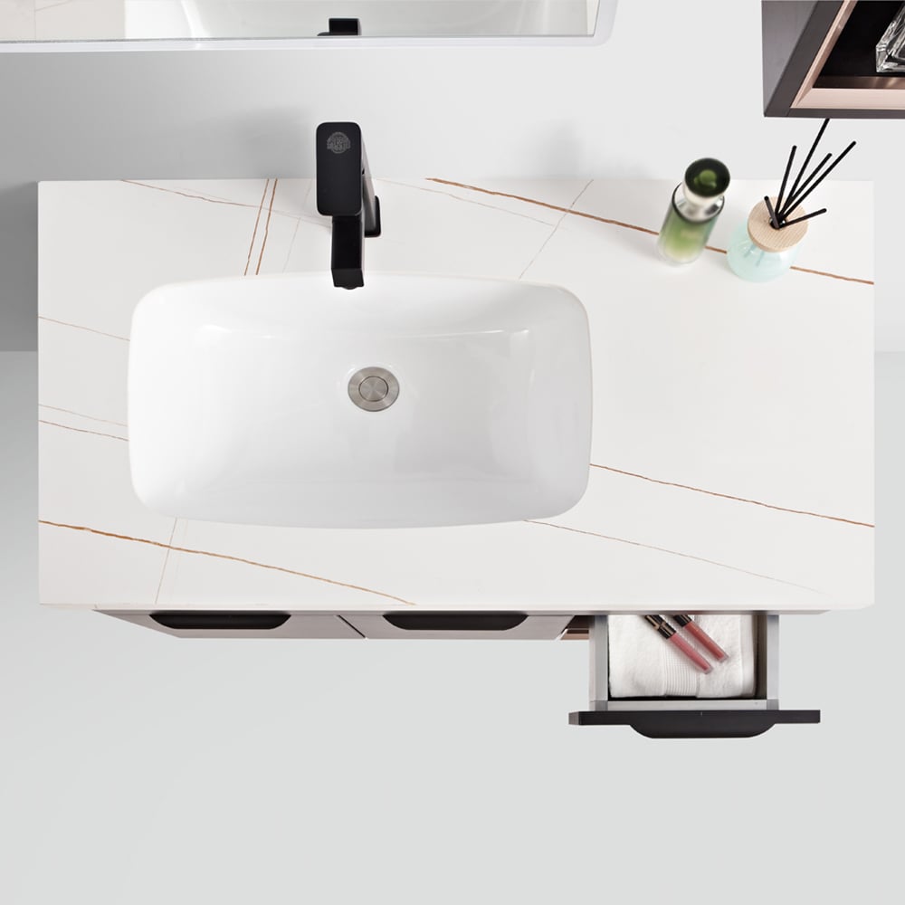 Vanité de salle de bain simple murale noire et blanche de 35,4 po évier en céramique avec dessus en pierre frittée image de fenêtre