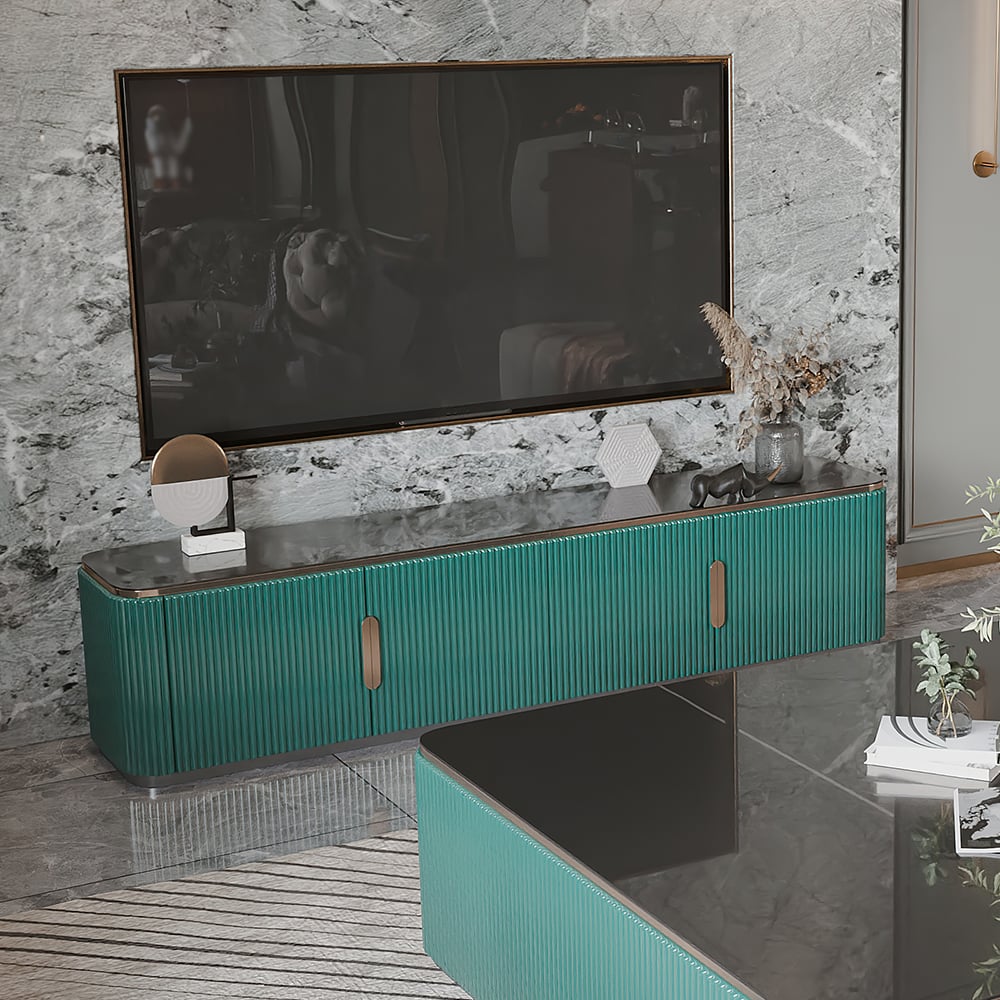 Console multimédia moderne avec dessus en pierre frittée verte de 86,6 po avec 4 portes image de fenêtre