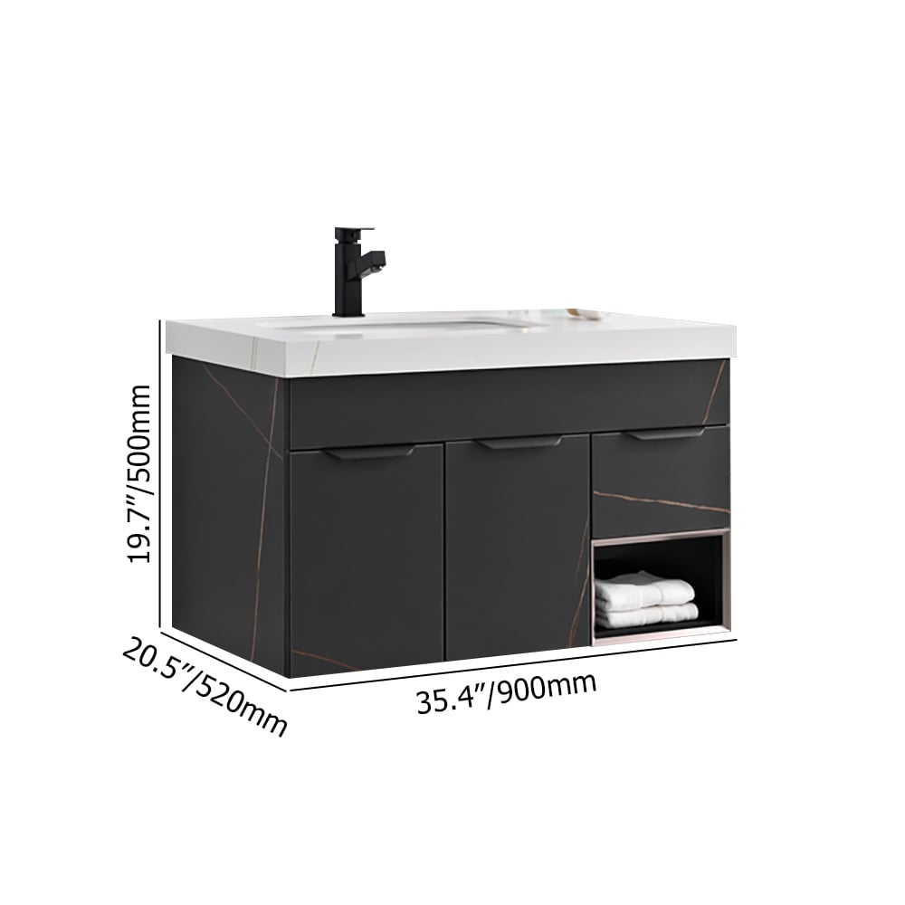 Vanité de salle de bain simple murale noire et blanche de 35,4 po évier en céramique avec dessus en pierre frittée image de fenêtre