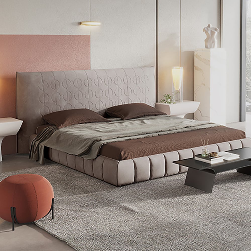 Pine Wood and Carbon Steel Minimalist Upholstered Velvet Platform Bed with Headboard window image