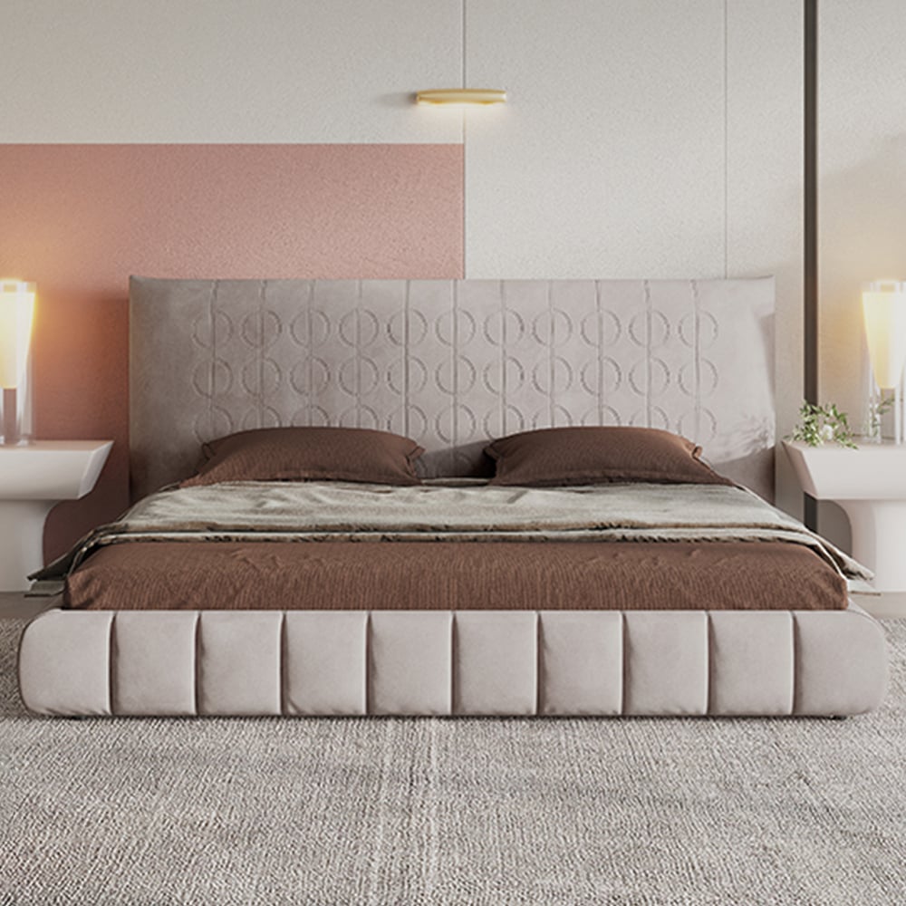 Pine Wood and Carbon Steel Minimalist Upholstered Velvet Platform Bed with Headboard window image