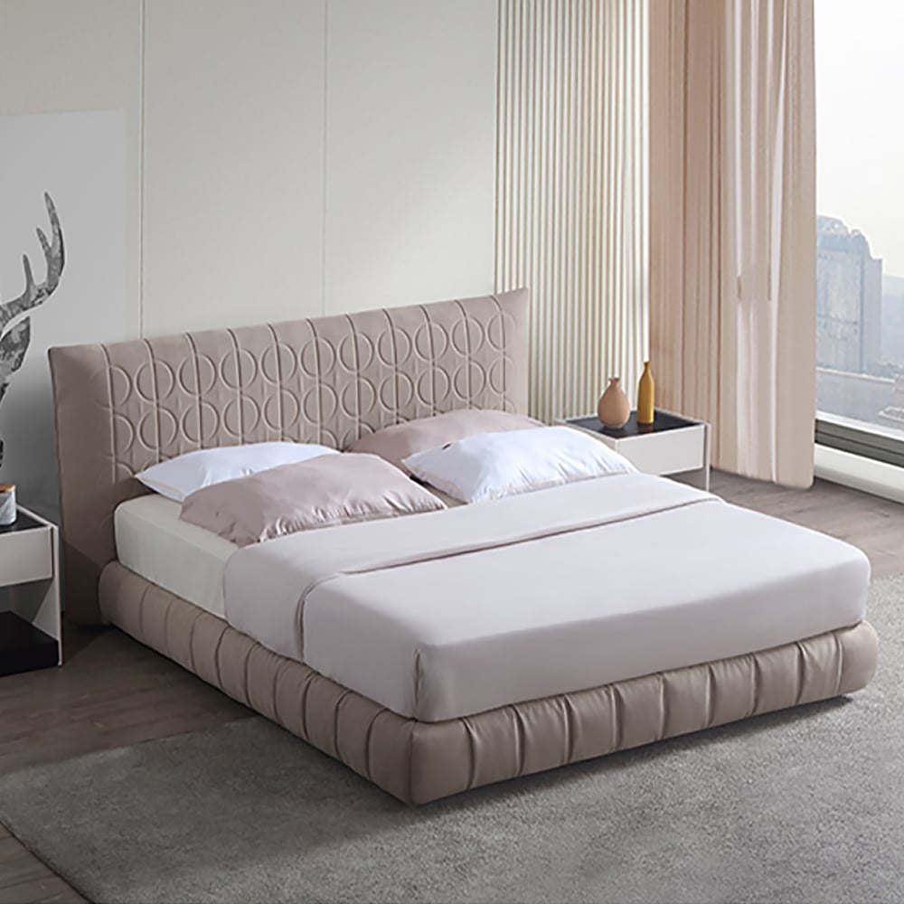 Pine Wood and Carbon Steel Minimalist Upholstered Velvet Platform Bed with Headboard window image