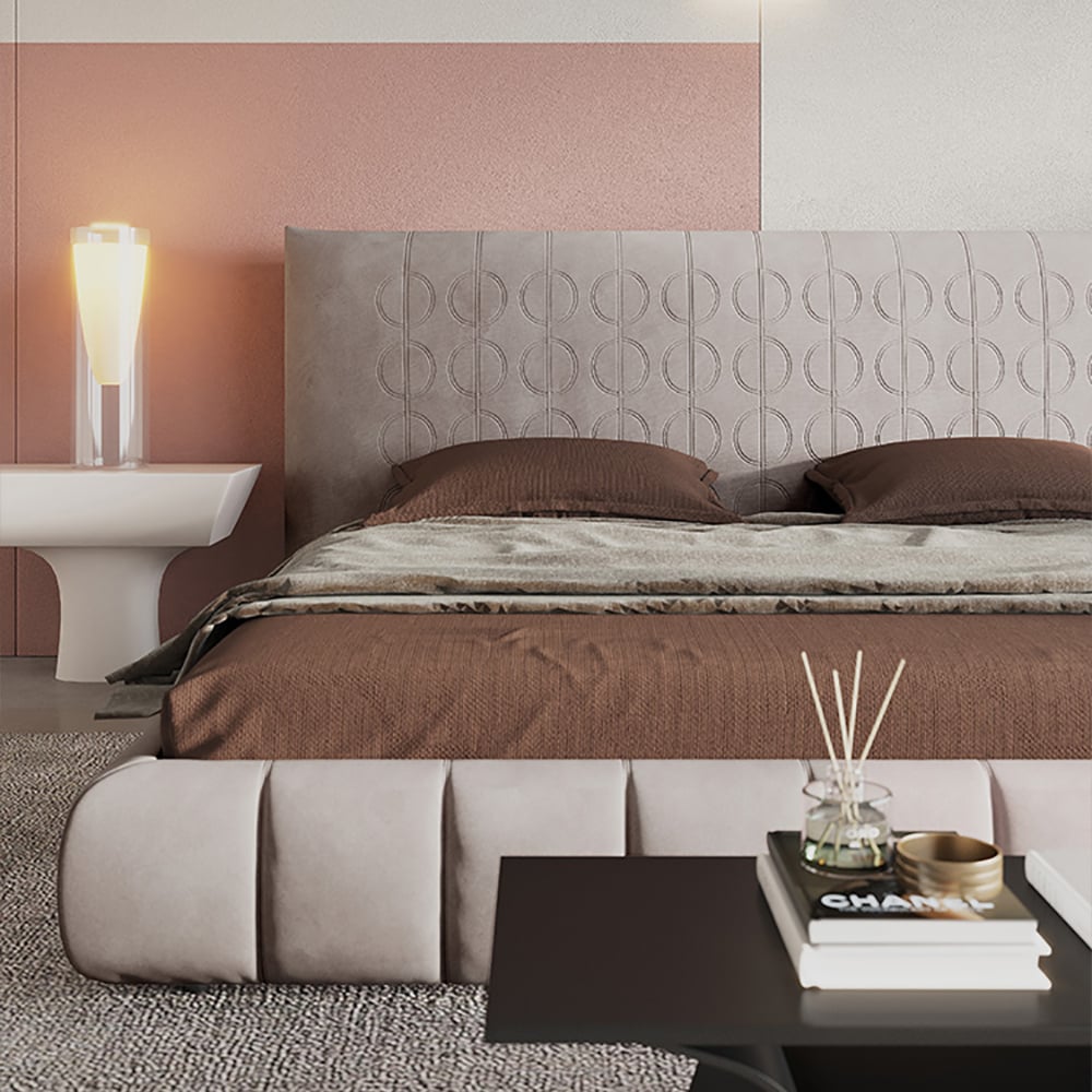 Pine Wood and Carbon Steel Minimalist Upholstered Velvet Platform Bed with Headboard window image