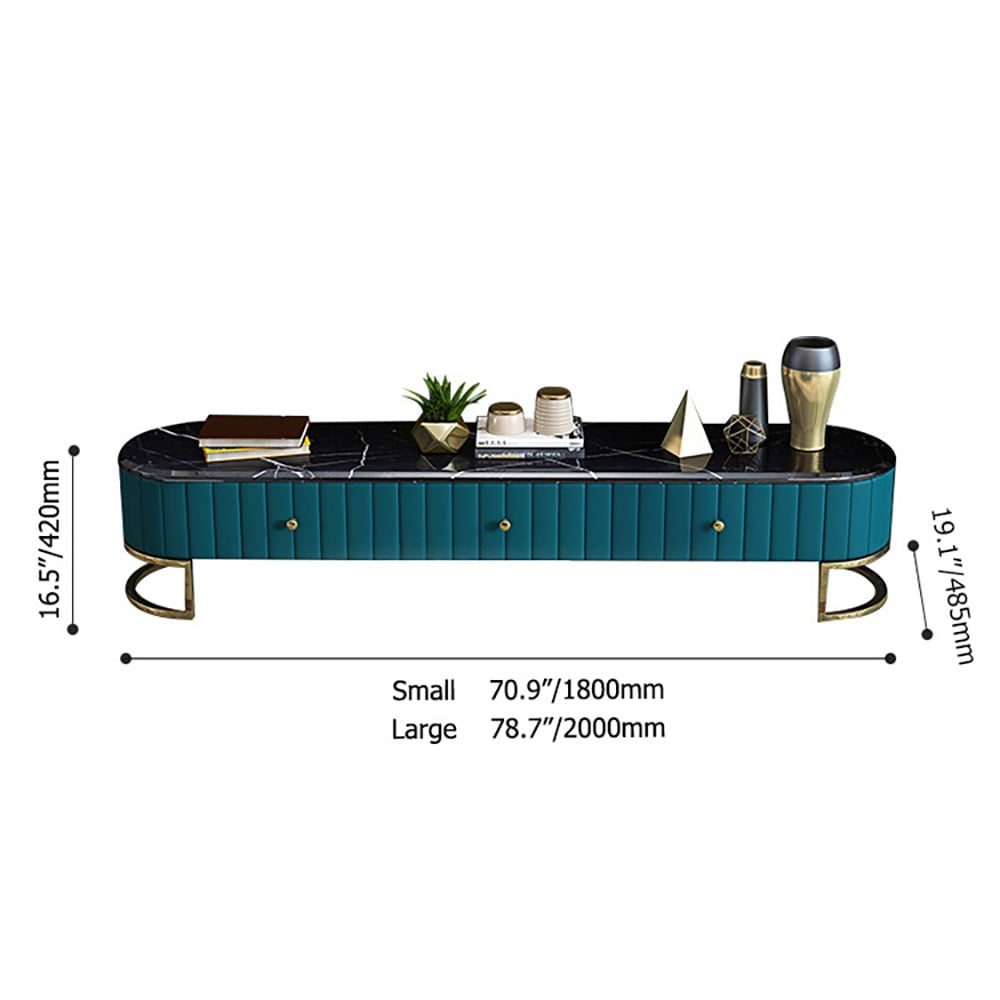 Meuble TV moderne ovale 1800 mm en métal doré avec dessus en faux marbre et 3 tiroirs Poids, dimensions, image
