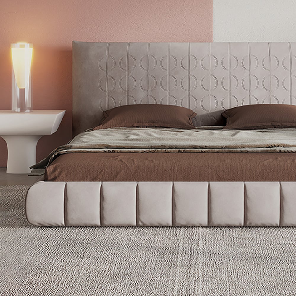 Pine Wood and Carbon Steel Minimalist Upholstered Velvet Platform Bed with Headboard window image