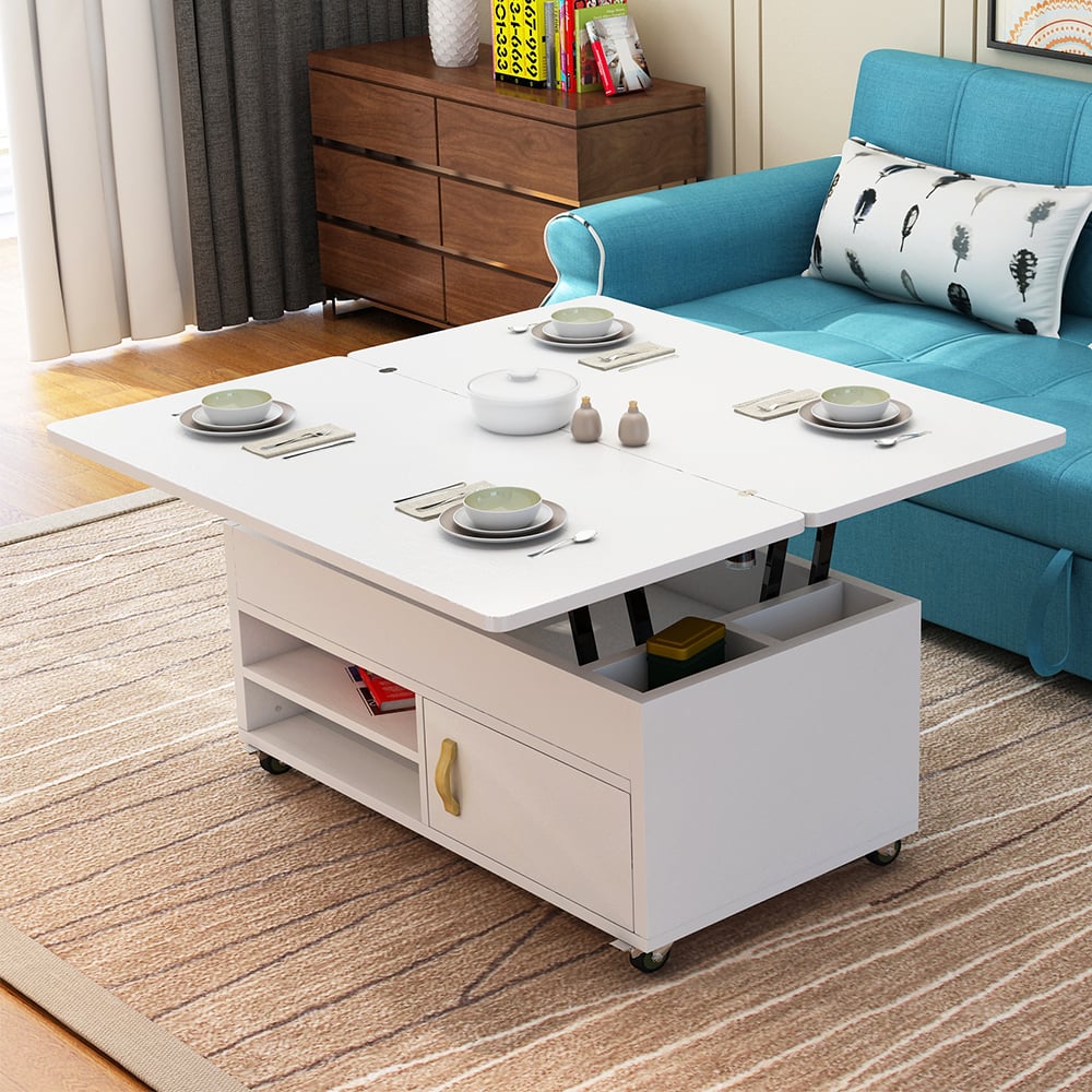 Table basse multifonction extensible en bois massif contemporaine avec rangements image de fenêtre