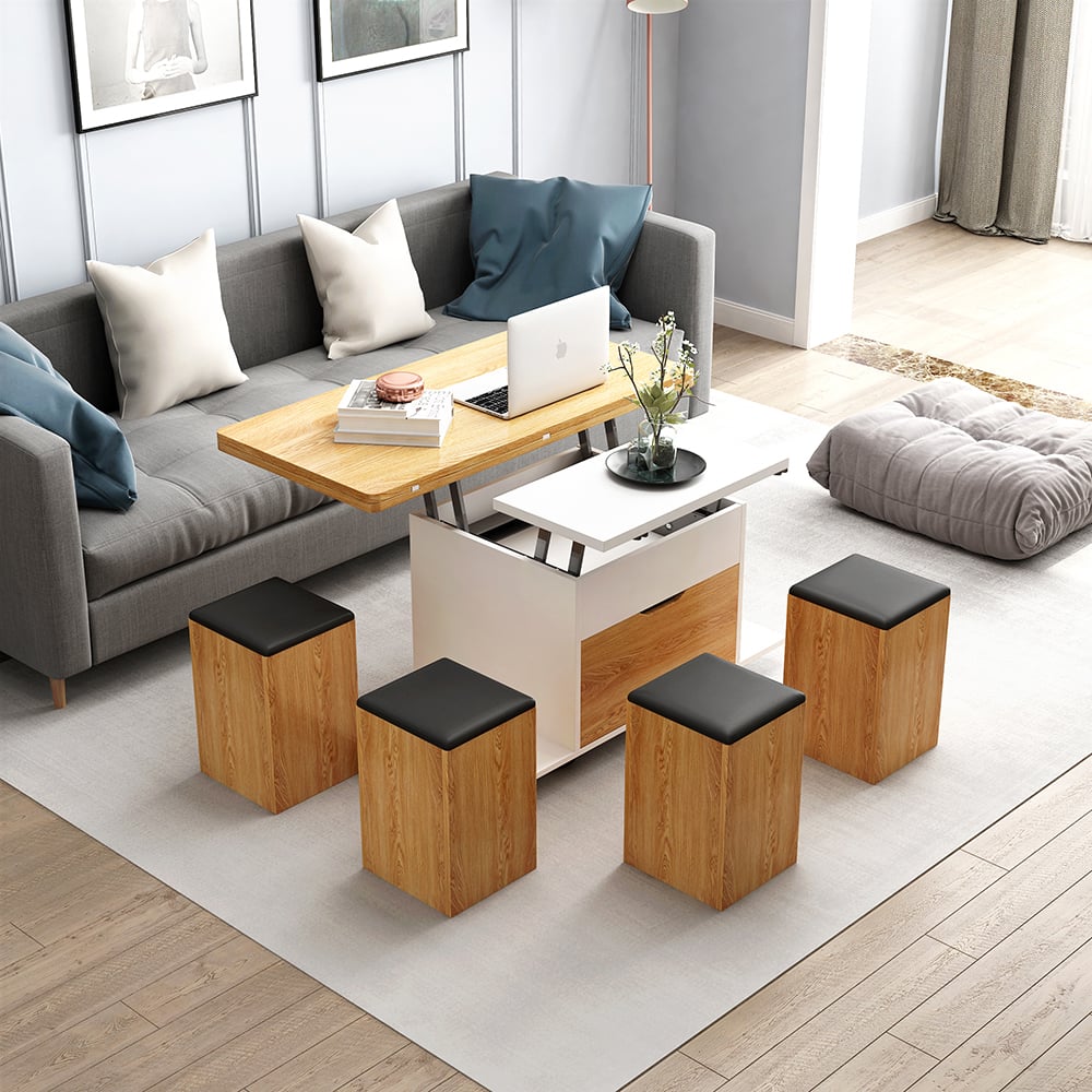 Lift Top Extendable Coffee Table with 4 Stools & Storage Multipurpose window image