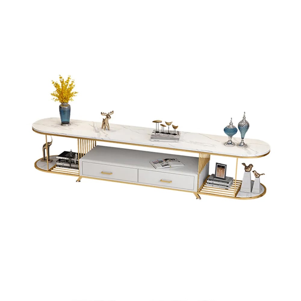 79" White TV Stand Oval Entertainment Console with Storage in Gold window image