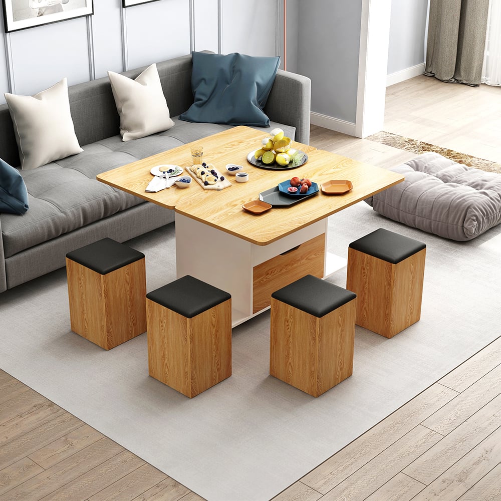 Lift Top Extendable Coffee Table with 4 Stools & Storage Multipurpose window image
