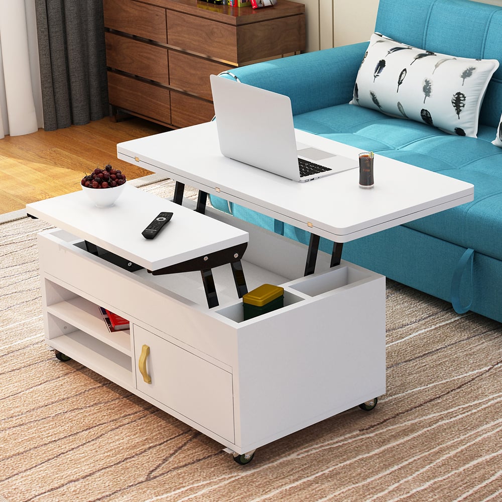 Table basse multifonction extensible en bois massif contemporaine avec rangements image de fenêtre