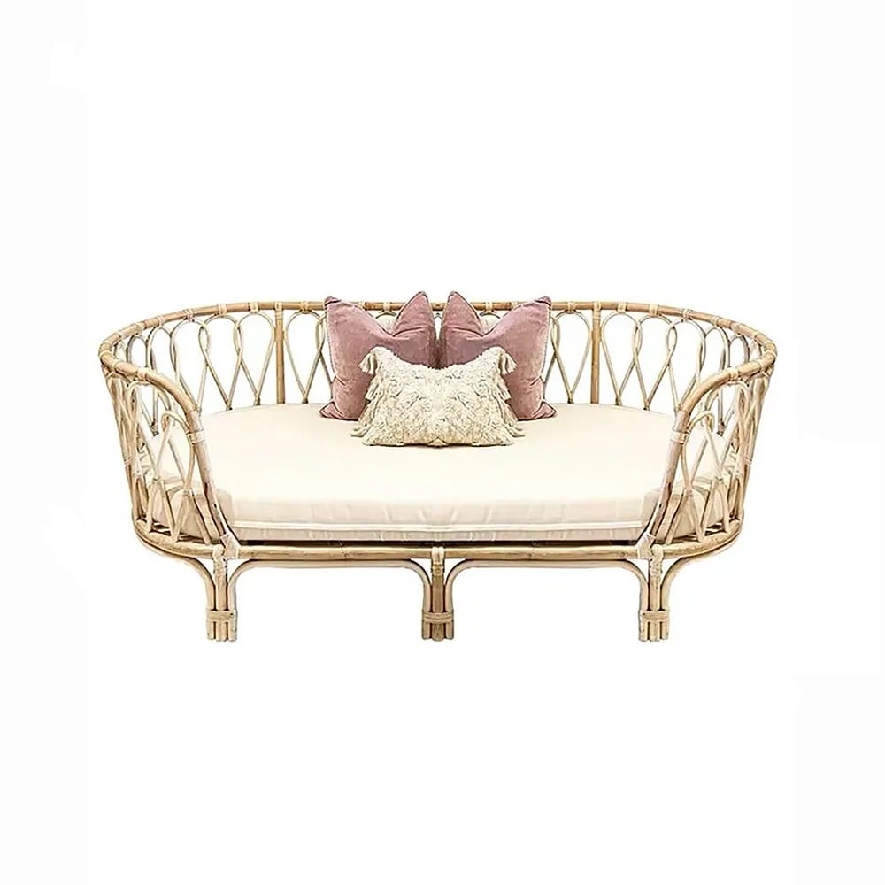 Natural Sofa Cotton & Linen Upholstered Sofa Rattan Frame in Large window image