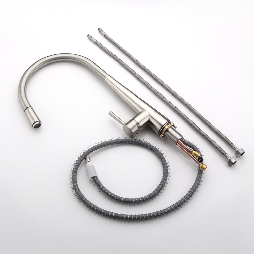 Rubinetto da cucina a spruzzo estraibile con maniglia singola Opula in nichel spazzolato Immagine della finestra