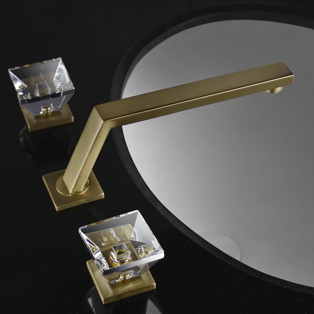 Widespread Bathroom Sink Faucet with Double Crystal Knobs in Brushed Gold window image