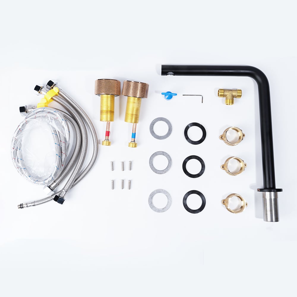 Grifo monomando para lavabo de baño, 3 agujeros, doble, negro y oro rosa Imagen de ventana