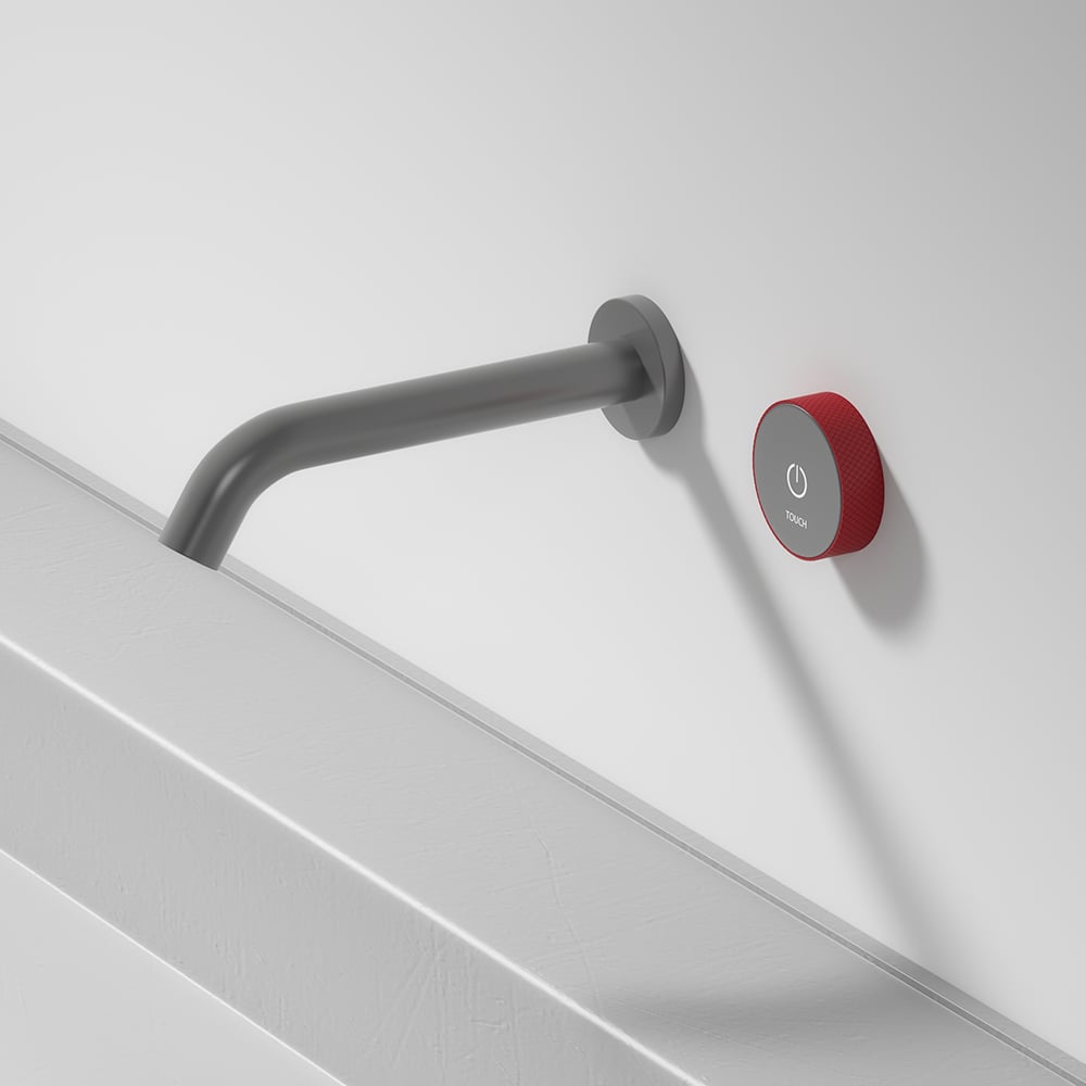 Badarmatur für Wandmontage, 2 Löcher, Grau & Rot Schaufensterbilder