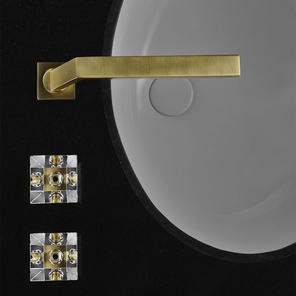 Widespread Bathroom Sink Faucet with Double Crystal Knobs in Brushed Gold window image