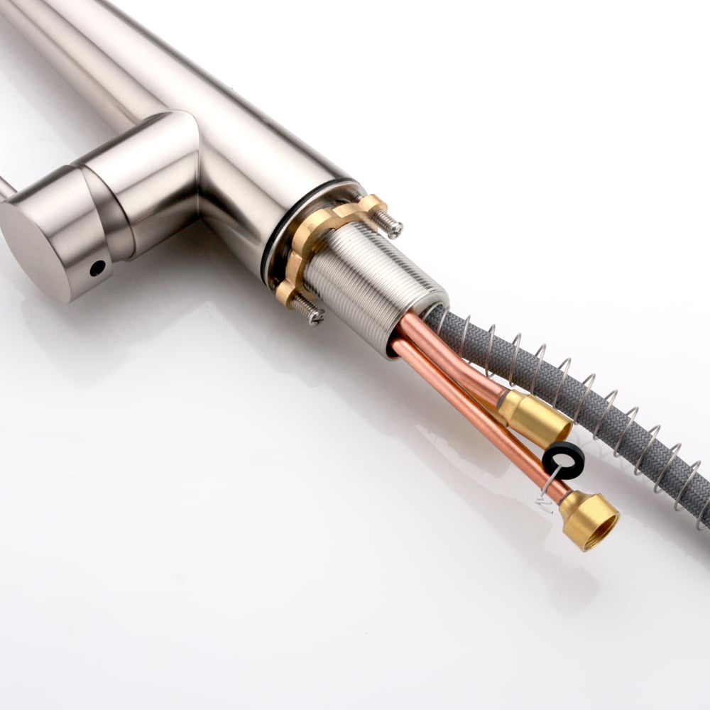 Rubinetto da cucina a spruzzo estraibile con maniglia singola Opula in nichel spazzolato Immagine della finestra