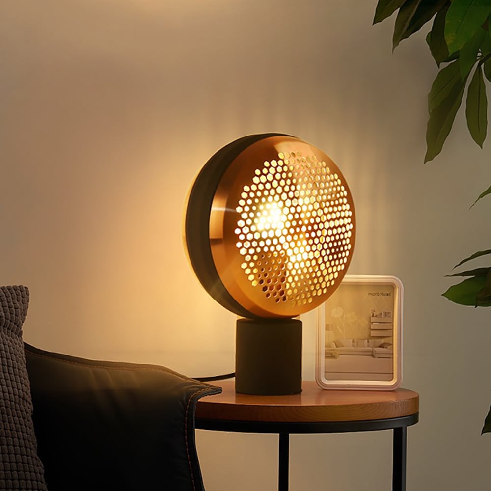 Modern 1-Light Honeycomb Shade Table Lamp in Black & Gold Bronze window image