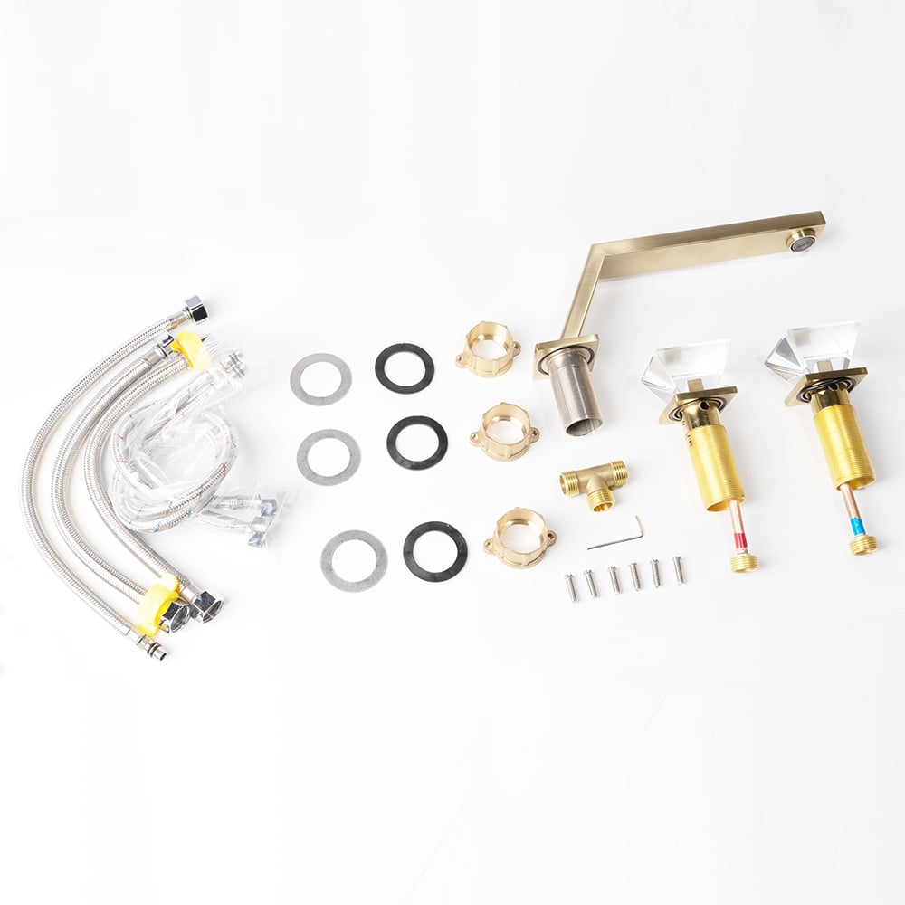 Widespread Bathroom Sink Faucet with Double Crystal Knobs in Brushed Gold window image