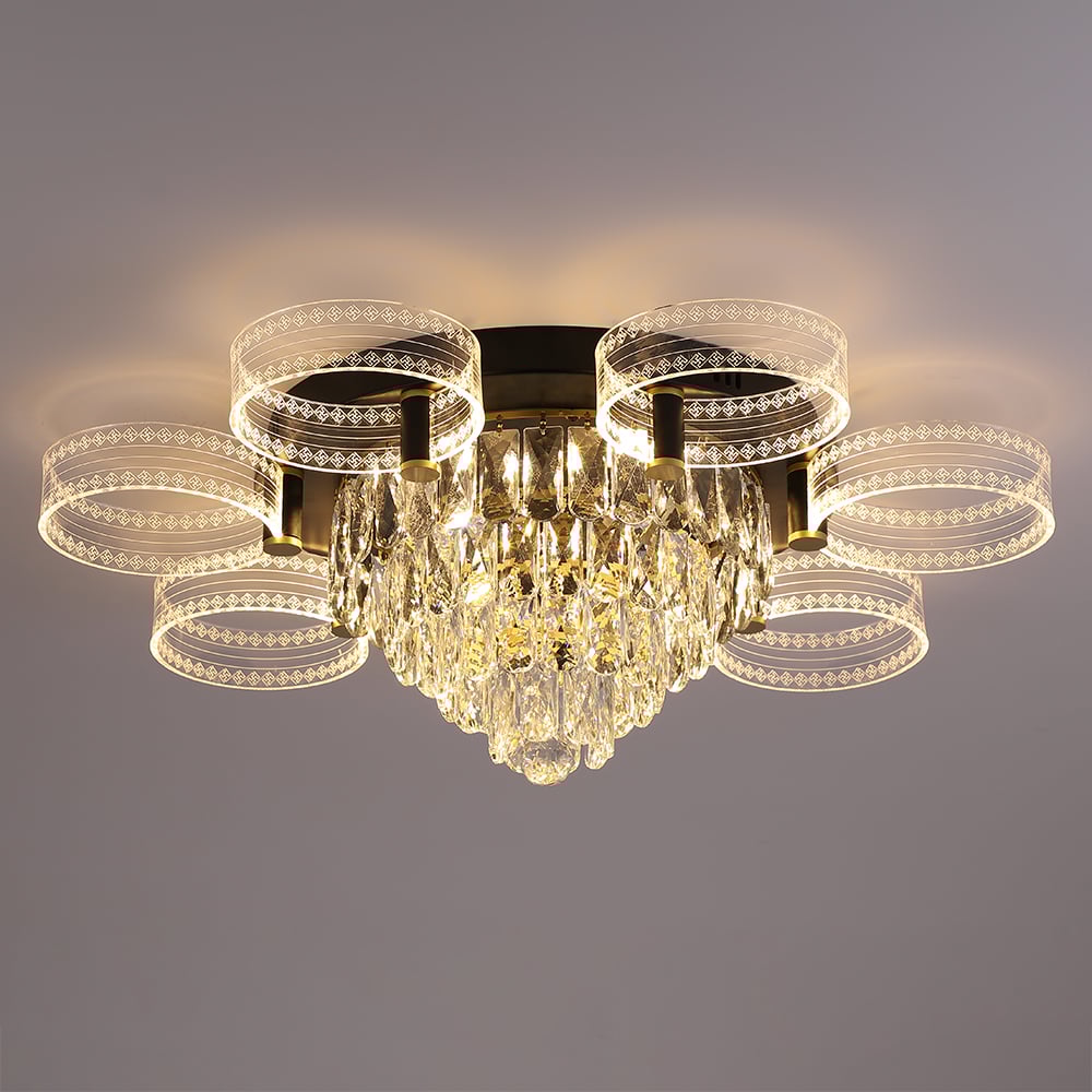 Modern Tiered Crystal LED 7-Light Semi-Flush Mount Light in Black & Gold window image