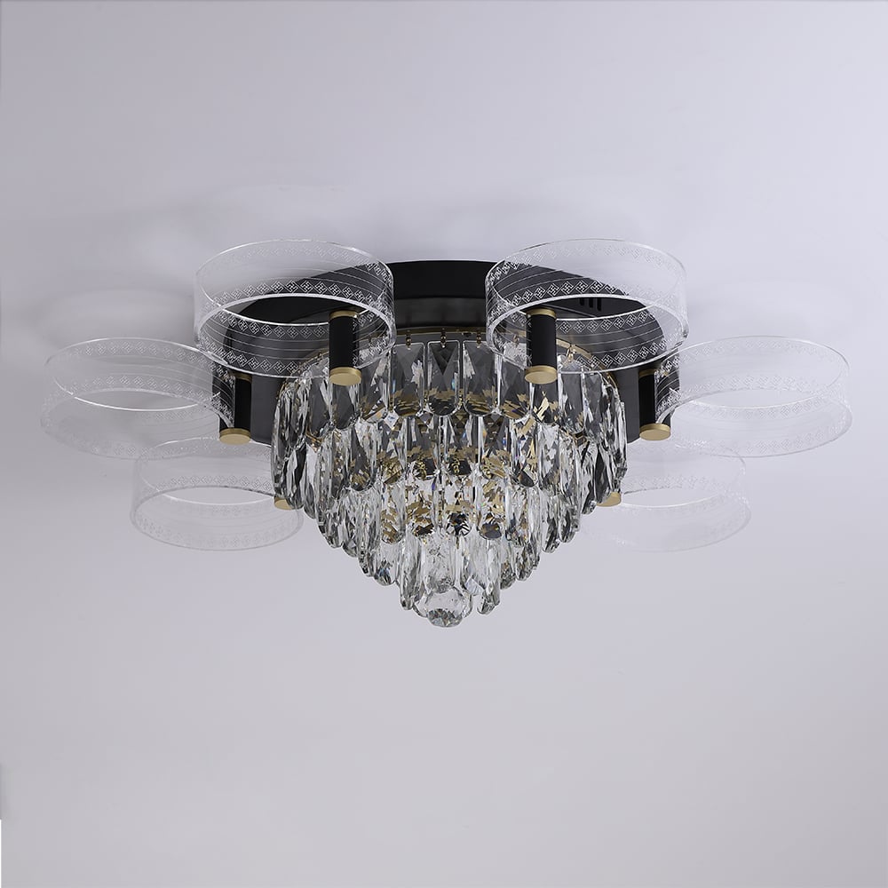 Modern Tiered Crystal LED 7-Light Semi-Flush Mount Light in Black & Gold window image