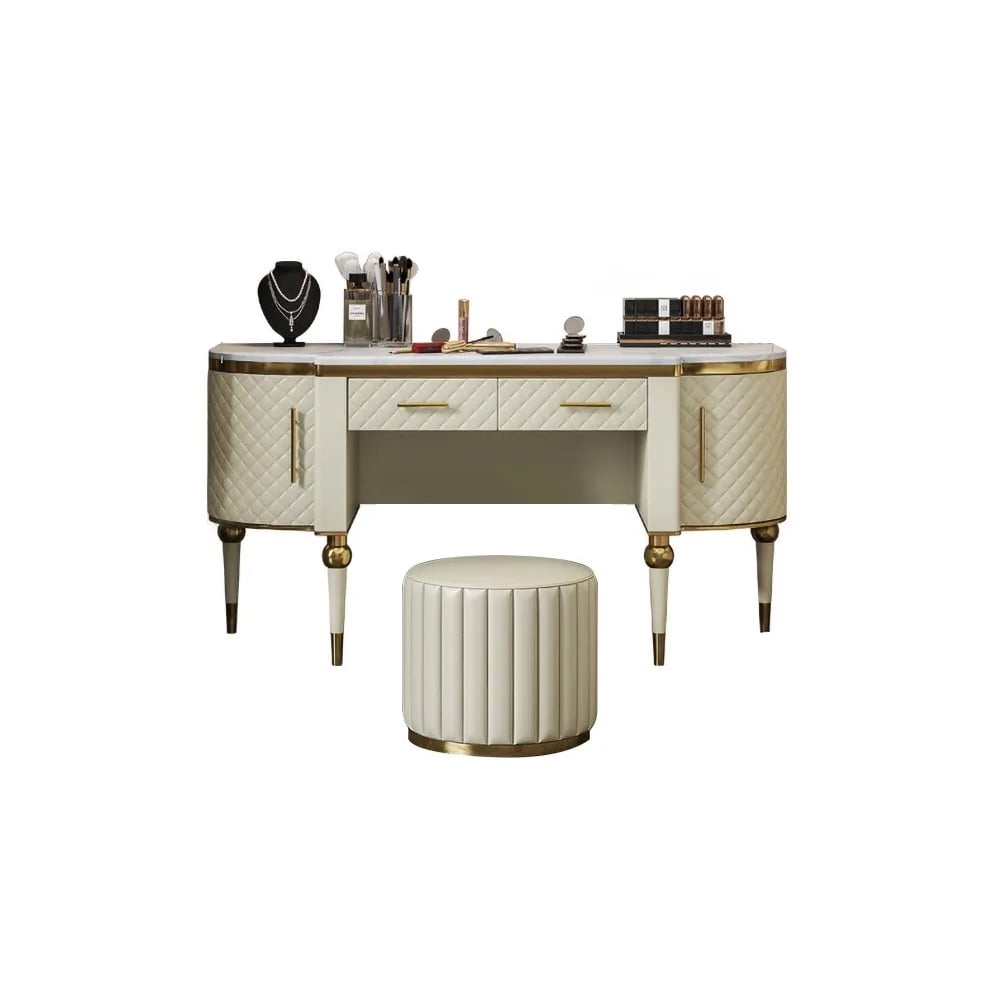 Postmodernism White Makeup Vanity Faux Marble Top Upholstered Dressing Table with Storage Stool Included window image