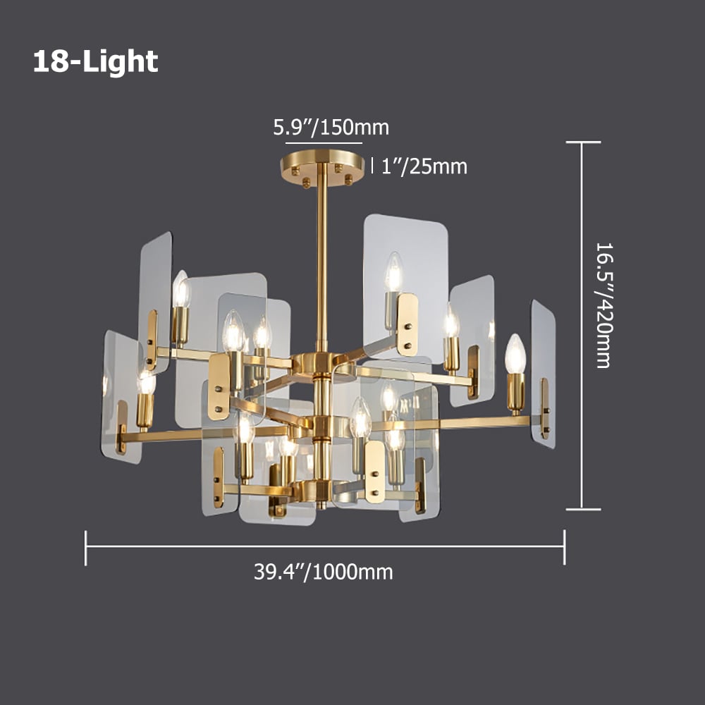 Postmodern 12-Light Tiered Chandelier with Clear Smoke Grey Glass Plat Shade window image