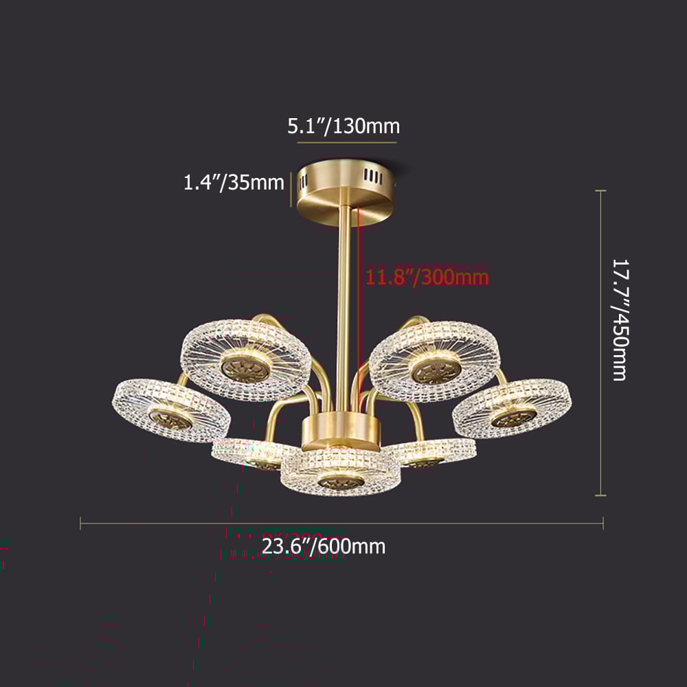 Modern Acrylic 7-Light LED Semi-Flush Mount Light in Gold & Clear weights dimensions image