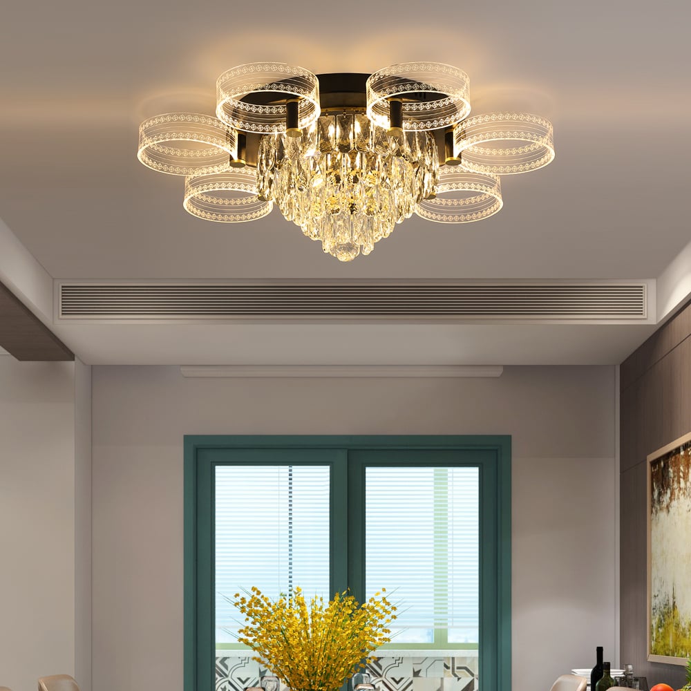 Modern Tiered Crystal LED 7-Light Semi-Flush Mount Light in Black & Gold window image