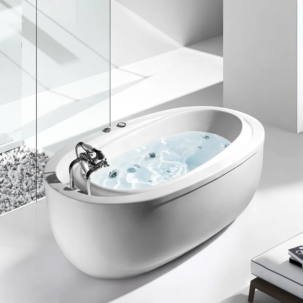 71" LED Acrylic Oval Whirlpool Water Massage Freestanding Bathtub in White window image