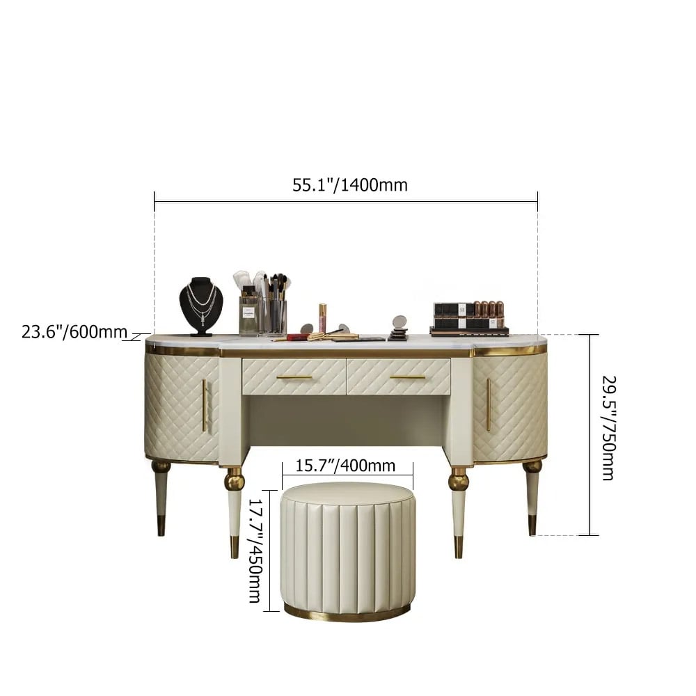 Postmodernism White Makeup Vanity Faux Marble Top Upholstered Dressing Table with Storage Stool Included window image
