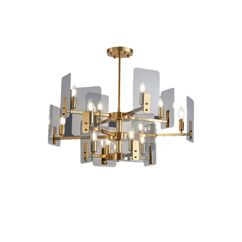Postmodern 12-Light Tiered Chandelier with Clear Smoke Grey Glass Plat Shade window image
