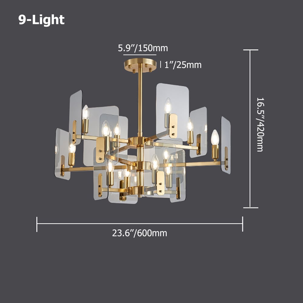 Postmodern 12-Light Tiered Chandelier with Clear Smoke Grey Glass Plat Shade window image