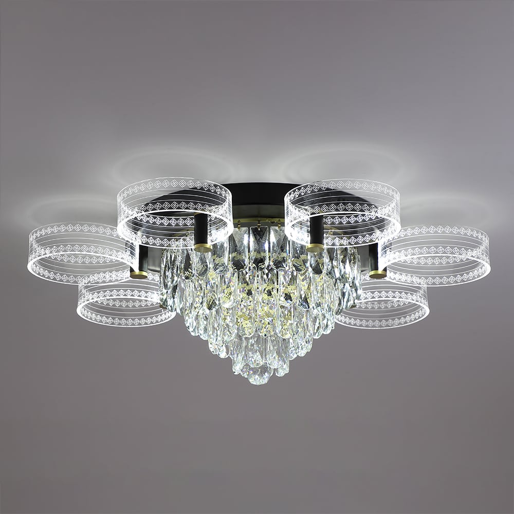 Modern Tiered Crystal LED 7-Light Semi-Flush Mount Light in Black & Gold window image