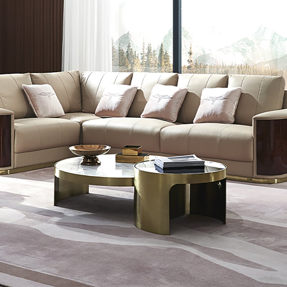 Champagne Contemporary Faux Marble Top Round Coffee Table Set window image