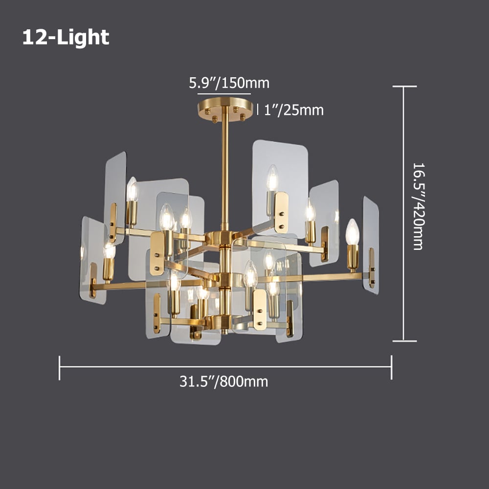 Postmodern 12-Light Tiered Chandelier with Clear Smoke Grey Glass Plat Shade window image