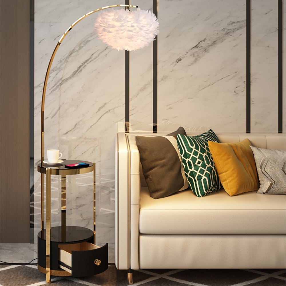 Black End Table Overarching Feather Floor Lamp with Wireless Charging & USB Port window image