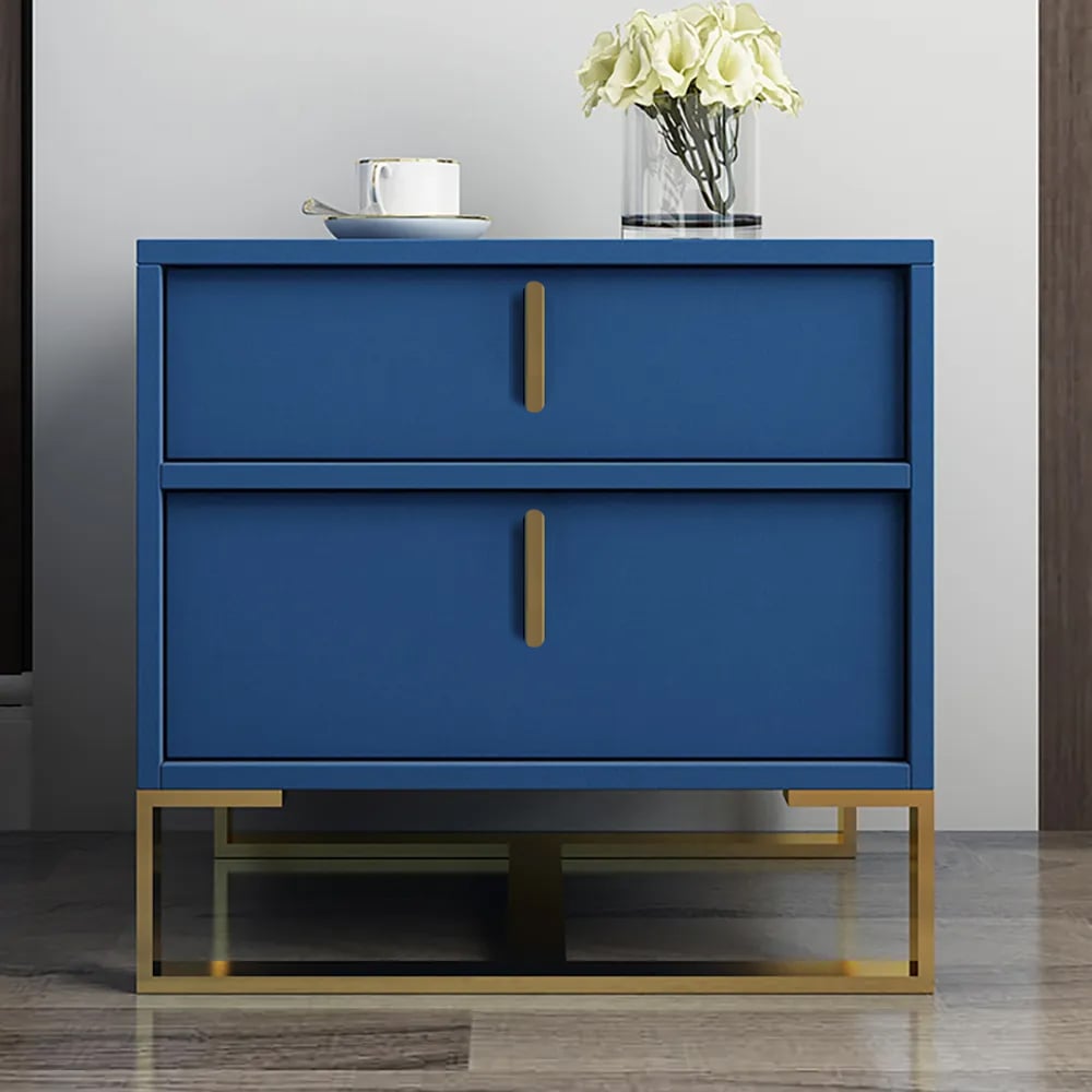 Modern Blue Nightstand Minimalist Bedside Table with 2 Drawers in Gold window image