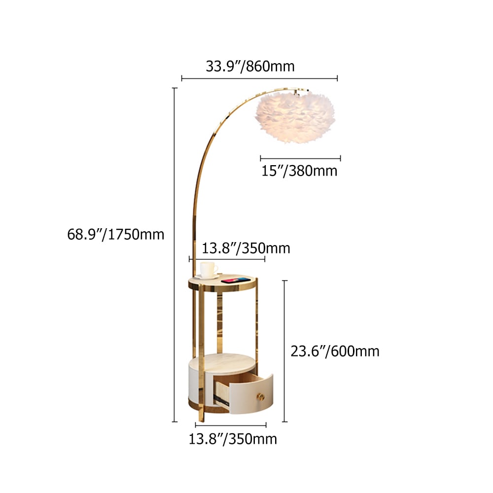 Feather Arc Floor Lamp White End Table Wireless Charging & USB Port Included weights dimensions image