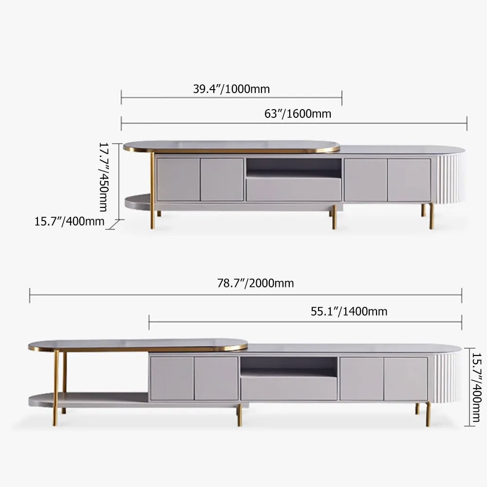 Modern Extendable TV Stand Gray Oval Sintered Stone Top TV Console with 4 Doors 1 Drawer window image