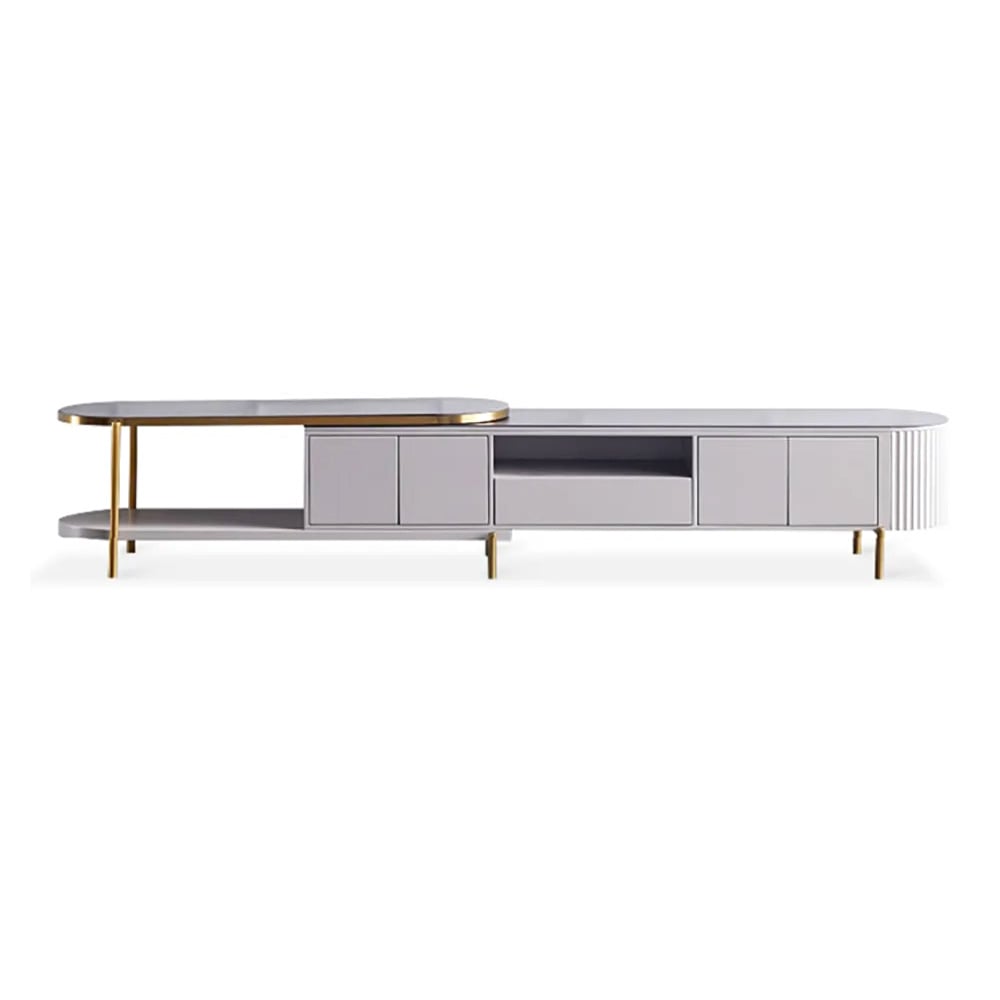 Modern Extendable TV Stand Gray Oval Sintered Stone Top TV Console with 4 Doors 1 Drawer window image