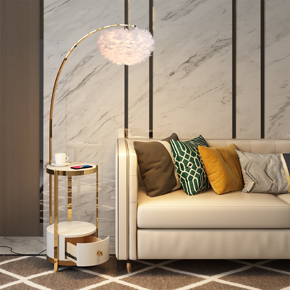 Feather Arc Floor Lamp White End Table Wireless Charging & USB Port Included window image
